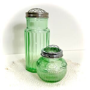 Pair of VTG Green Vases, Depression Era Style - Flower Frog Lid, Farmhouse Vibe